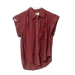 Japna Red Pinstripe Button Down Short Sleeve Blouse XS